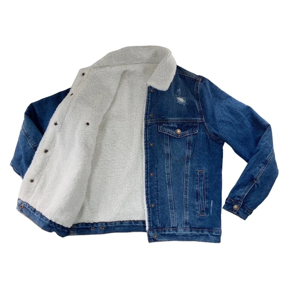 Denim Jacket Womens Small Sherpa Lined Trucker Distressed Fur Collar Cotton Poly